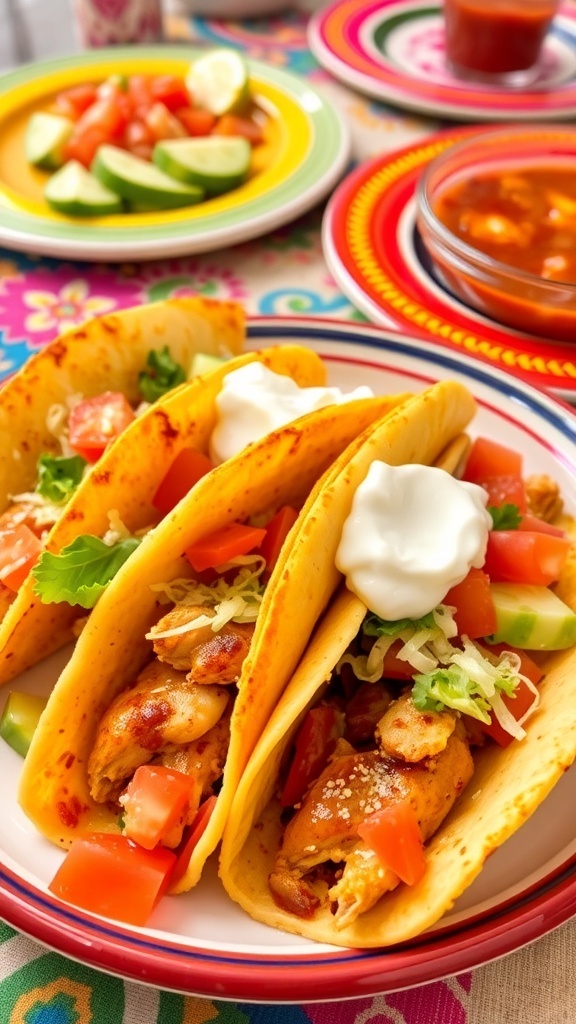 Crispy oven baked chicken tacos filled with chicken and cheese, topped with lettuce and tomatoes, served with salsa.